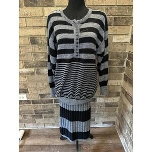 Vintage 1980s Womens Ariana Black Stripe 2 Piece Skirt Set Medium 62910